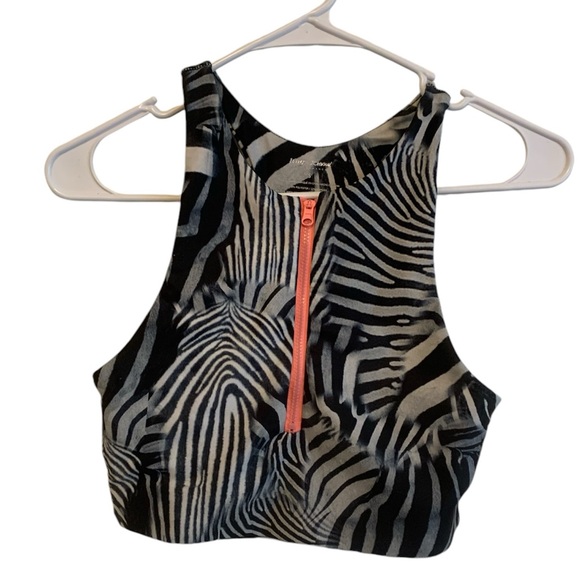 Betsy Johnson zebra animal print neon orange zip up racerback bra gym sexy black - Picture 2 of 8